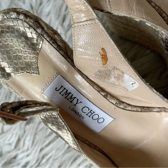 JIMMY CHOO Calfskin Snake Print Embossed Polar Beige Espadrille Sandal Wedges 37 - Picture 10 of 11